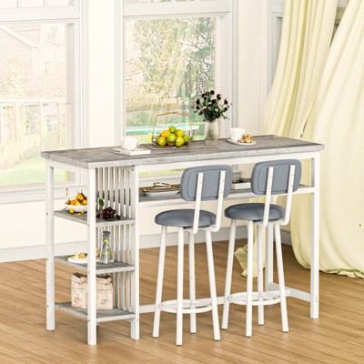 Hooseng 3-Piece Dining Room Table Set with 2 Upholstered Bar Stools, Modern Farmhouse Style Bar Table Set for 2 with Multiple Tier Storage Shelves