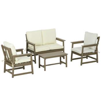 Outsunny 4 Piece Patio Furniture Set with Cushion, HDPE Conversation Sofa Set, Cream White