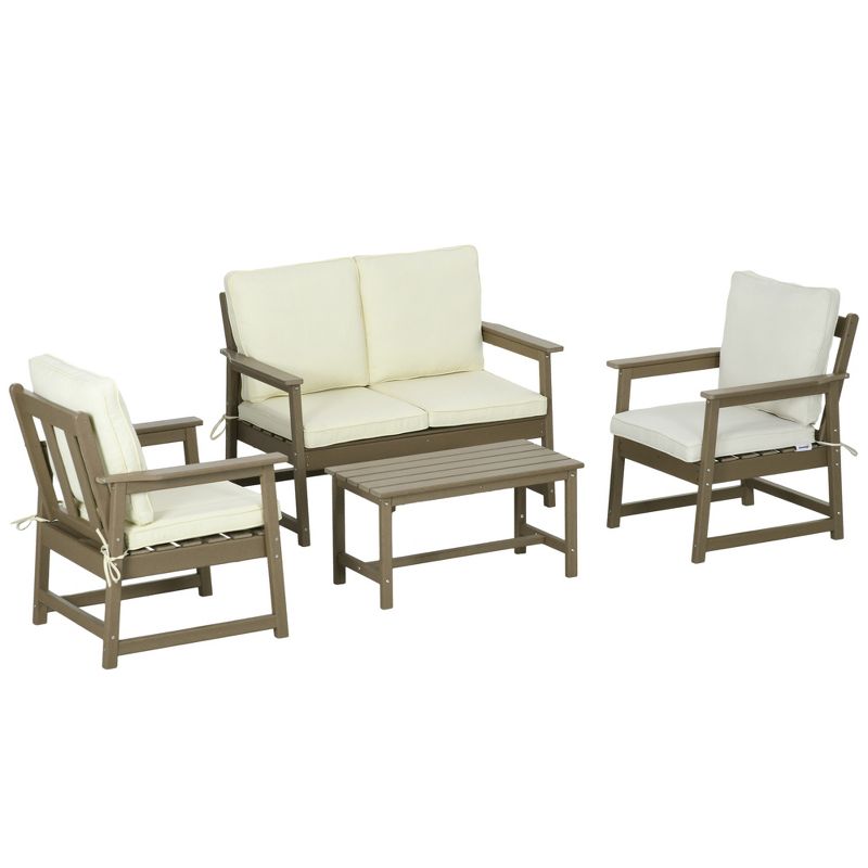 Outsunny 4 Piece Patio Furniture Set with Cushion, HDPE Conversation Sofa Set, Cream White, 1 of 7