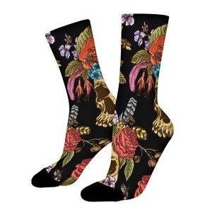 Flowers And Skulls Women Printed Crew Socks Funny Funky Socks Soft Polyester Novelty Gifts for Artists Men - 1 of 1