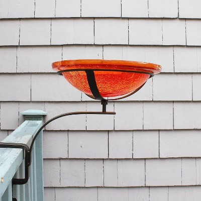 Mandarin Orange Crackle Glass Birdbath with Rail Mount Bracket