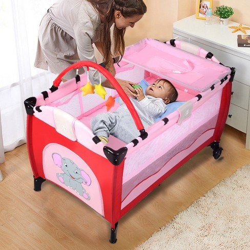 Pink Portable Folding Infant Baby Crib Playpen Bassinet Bed Bug Net Music Wheels 