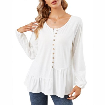 Women V Neck Long Sleeve Button Shirt Badydoll Tops Casual Asymmetrical Loose Flowy Ruffled Blouses