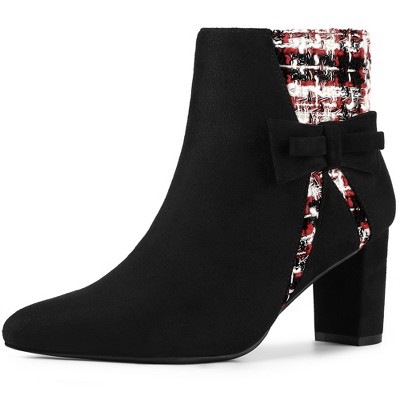 Allegra K Women's Tweed Plaid Heels Boot Bow Block Heels Ankle Boots