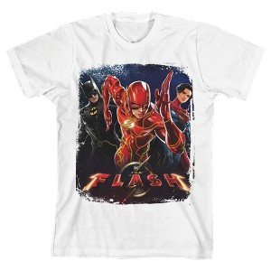 The Flash Movie Distressed Edges Character Group Poster Art With Logo Crew Neck Short Sleeve Boys' White T-shirt - 1 of 3