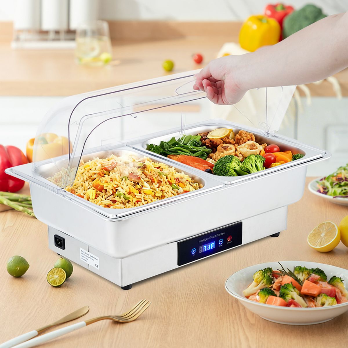 Garvee Electric Chafing Dish 9QT Stainless Steel Food Warmer with Temp Control for Buffet Parties Catering Weddings Double Compartment - thumbnail 6
