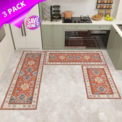 CLEAN EXPERT Bohemian Kitchen Rug Sets 3 Piece with Runner Non Slip Kitchen Rugs and Mats, Washable Kitchen Mats for Floor Entrance Hallway