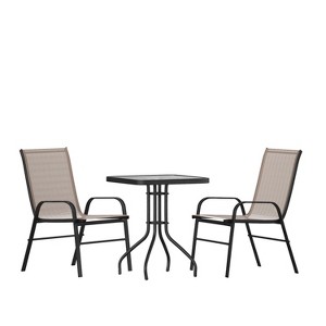 Flash Furniture 3 Piece Outdoor Patio Dining Set - Tempered Glass Patio Table, 2 Flex Comfort Stack Chairs - 1 of 4