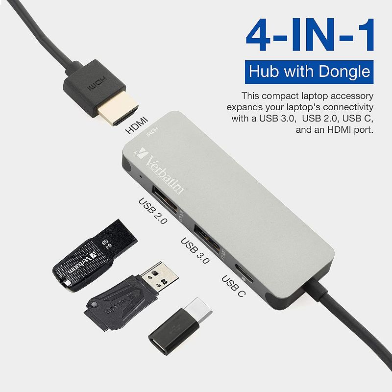 Verbatim 4-in-1 USB C Hub Adapter Docking Station with 4K HDMI, 60W Power Delivery, USB 3.0, USB 2.0 for USB C Laptops, 3 of 8