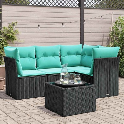 5 Piece Patio Sofa Set with Cushions Black Poly Rattan vidaXL