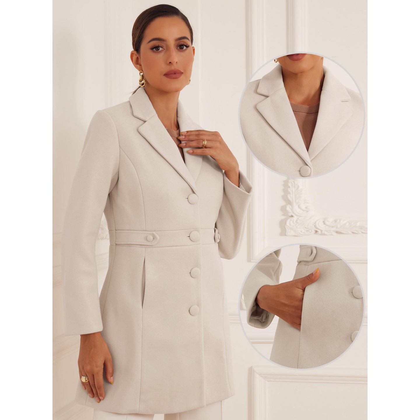 Женские куртки Allegra K Notched Lapel Single Breasted Button Down Outerwear Winter Coats Apricot — фото 2
