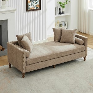 APRILSOUL Taupe Chenille Upholstered Chaise Lounge Indoor with Nailheads, Sleeper Sofa Couch With 4 Throw Pillows and 2 Bolsters - 1 of 4