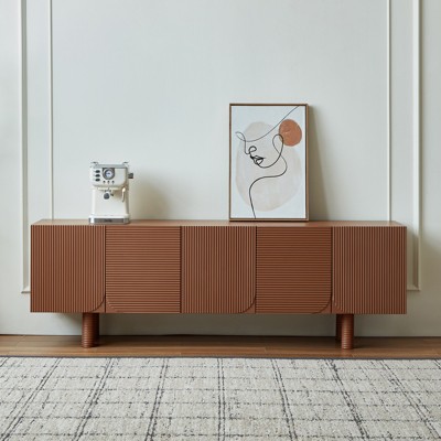 LOVSON 70.87"Walnut-Finish Media Cabinet, Mid-Century Modern Style, Featuring Grooved Door Panels and4 Storage Units,for Living Rooms,Bedrooms