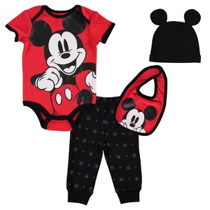 Disney Mickey Mouse Baby Bodysuit Pants Bib and Hat 4 Piece Outfit Set Newborn to Infant - 1 of 4