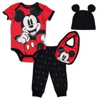 Disney Mickey Mouse Baby Bodysuit Jogger Pants Bib and Hat 4 Piece Outfit Set Newborn to Infant