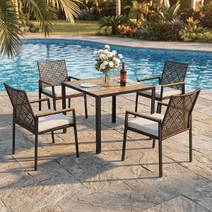 4 seat patio furniture set with umbrella Lumi Outdoor Wooden Dining Rope Chairs & Bench, Hole for 4-6 People, 67
