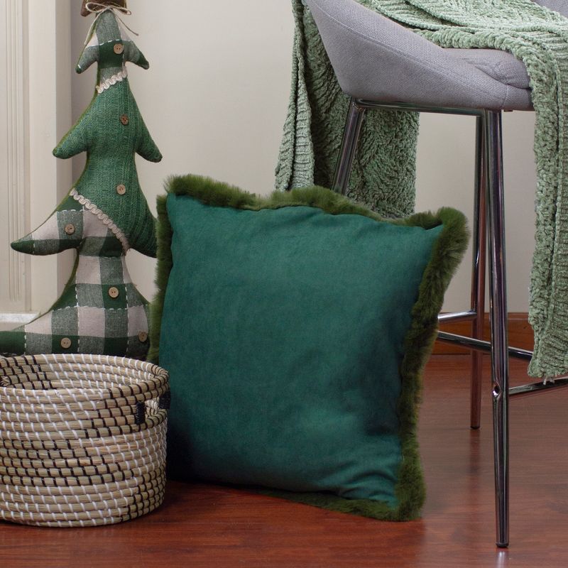 Northlight 18" Dark Green Suede Square Throw Pillow with Fringe Edges, 2 of 6