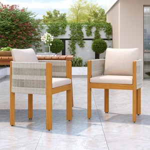 Gulches 2-Pack Acacia Wood Outdoor Dining Chairs, 400LBS Capacity, Waterproof Washable Beige Cushions & White Rope Armrests, Teak Color - 1 of 4