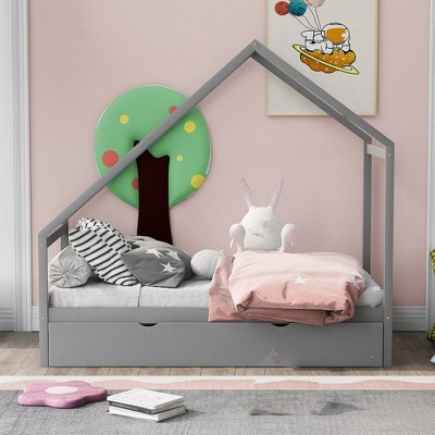 Twin Size Wooden House Bed, Tent-shaped Floor Bed, Fun Playhouse Bed ...