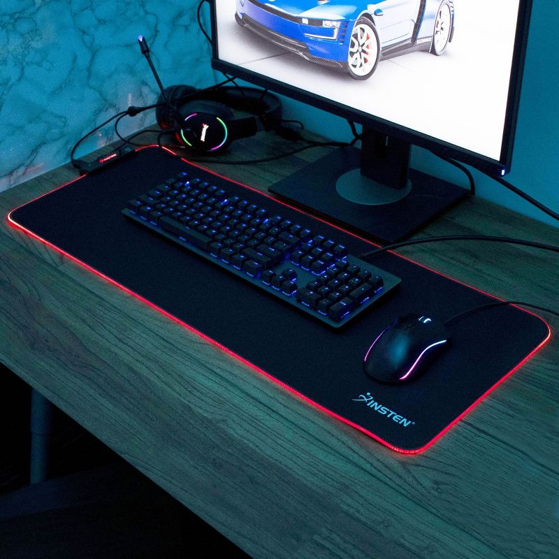 Insten - RGB Mouse Pad Gaming XXL Extended, LED Soft Cloth with 1 USB Hub Mat, Ergonomic Anti-Slip Rubber Base, Black 31.5 x 12 x 0.16 in, 2 of 9