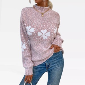 Womens Pullover Sweater Turtleneck Snowflakes Sweater Christmas Sweater Ribbed Knit Long Sleeve Sweater - 1 of 4