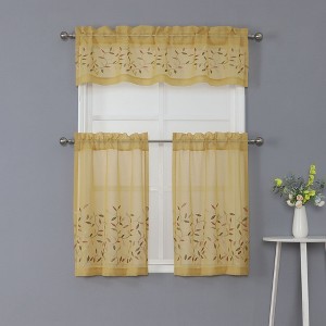 Kate Aurora Shabby Sheer Embroidered Complete 3 Piece Floral Rod Pocket Cafe Kitchen Curtain Tier & Valance Set - 1 of 4