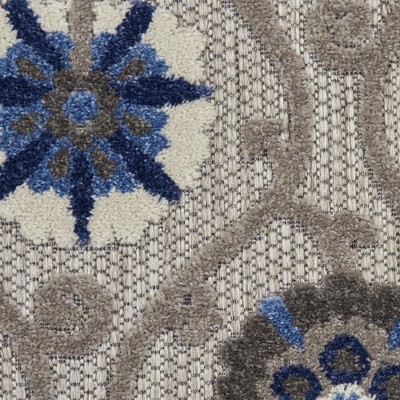 Blue/Grey Floral Flat Woven Synthetic Outdoor Rug, 2'3" x 8'