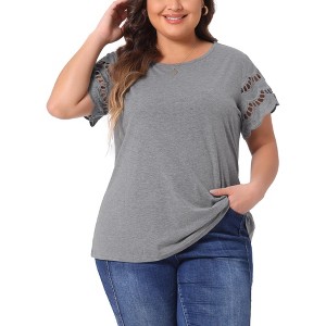Agnes Orinda Women's Plus Size Round Neck Hollow Lace Panel Short Sleeve Casual Summer Blouses - 1 of 4