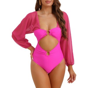 Elerevyo Women's Cut Out Ring Plunge Neck Shirred Long Sleeves Mesh Tummy Control Monokini Swimsuit 1 Pc - 1 of 4