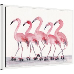 Kate & Laurel All Things Decor 24"x18" Sylvie Roller Skating Flamingos Framed Canvas by Patricia Shaw White - 1 of 4