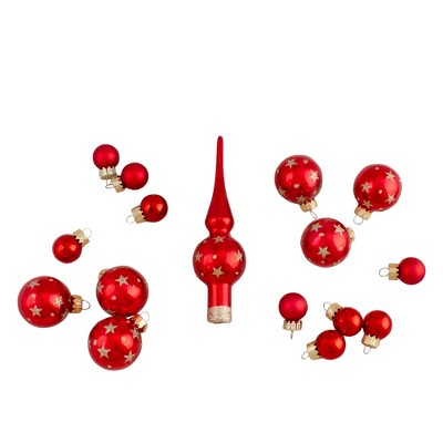 Northlight 16-Piece Set of Assorted Red Glass Christmas Ball Ornaments with Tree Topper