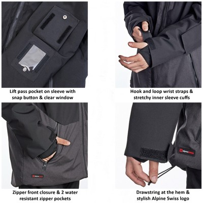 Мужские куртки Alpine Swiss Mens Waterproof Ski Jacket Hooded Snowboarding Coat Warm Winter Snow Jacket Raincoat Black Charcoal Small — фото 3