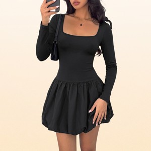 target black cocktail dress EadianDree Womens Long Sleeve Square Neck Bubble Hem Mini Drop Waist Fitted Flared Party Dresses for Women,Black Spring 2015 Fashion Trend: category_plus-size-wedding-guest-dresses Size:46 This Womens Smocked Waist