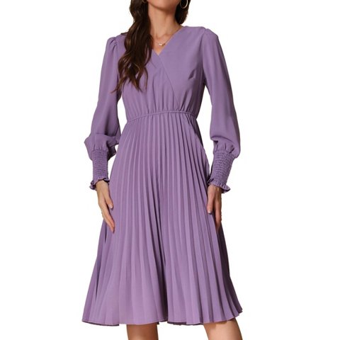 Женские платья INSPIRE CHIC Women's V-neck Pleated Puff Sleeve Flowy Elegant Casual Midi Dress Purple Gray Medium