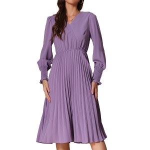 INSPIRE CHIC Women's V-neck Pleated Puff Sleeve Flowy Elegant Casual Midi Dress - 1 of 4