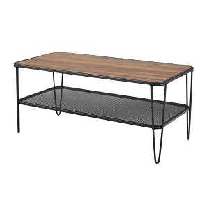 Industrial Hairpin Leg Coffee Table with Metal Mesh Shelf Dark Walnut - Saracina Home, Dark Brown