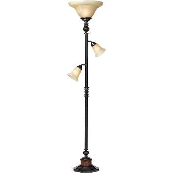 Kathy Ireland Sonnett Vintage Rustic Torchiere Floor Lamp with Side Lights 72" Tall Bronze Champagne Alabaster Glass Shade for Living Room Reading