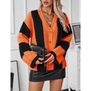Coolmee Women Casual Contrast Striped V Neck Front Open Long Sleeve Loose Cardigan Outer Knitted Tops - 1 of 4