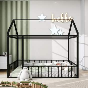 Twin/Full Size Metal Bed House Bed Frame with Fence, Floor Bed for Kids, Teens - ModernLuxe