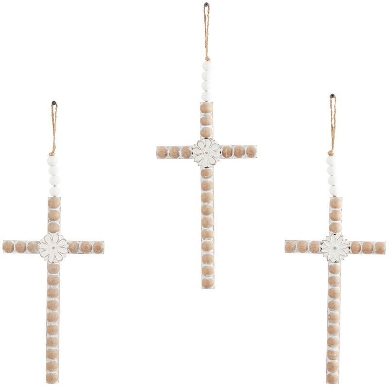 Set of 3 Wood Biblical Carved Beaded Crosses Wall Decors with Rope Hanger Light Brown - Olivia &#38; May, 2 of 6