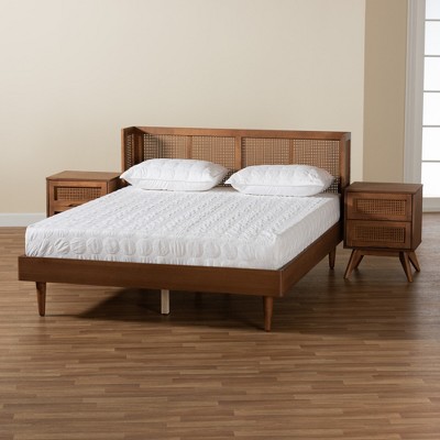 Rina Mid-Century Modern Walnut Wood Bedroom Set with Synthetic Rattan
