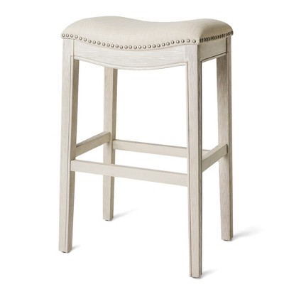 HomeRoots 31" Bone and Antiqued White Fabric and Solid Wood Backless Bar Height Bar Chair