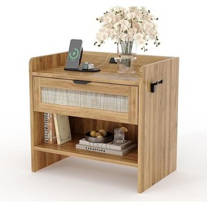 Rattan Nightstand, Bedside Table, Boho Night Stand with Type-C Charging Station, 1 Storage Drawer, and Open Storage Space, End Table, Side Tables - 1 of 4