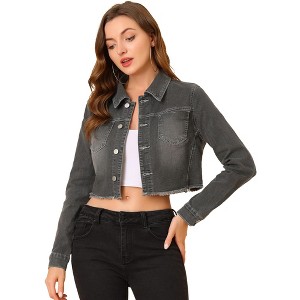 Allegra K Women's Turn Down Frayed Button Down Washed Cropped Denim Jacket - 1 of 4