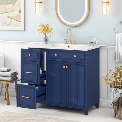 36"W Bathroom Multi-function Vanity with Resin Sink, 2 Doors, 2 Drawers and 1 Adjustable Storage Shelf, 4L- ModernLuxe