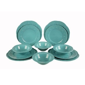 12-Piece Dinnerware Set Service For 4, Round Porcelain Plates And Bowls Sets, Turquoise - 1 of 3
