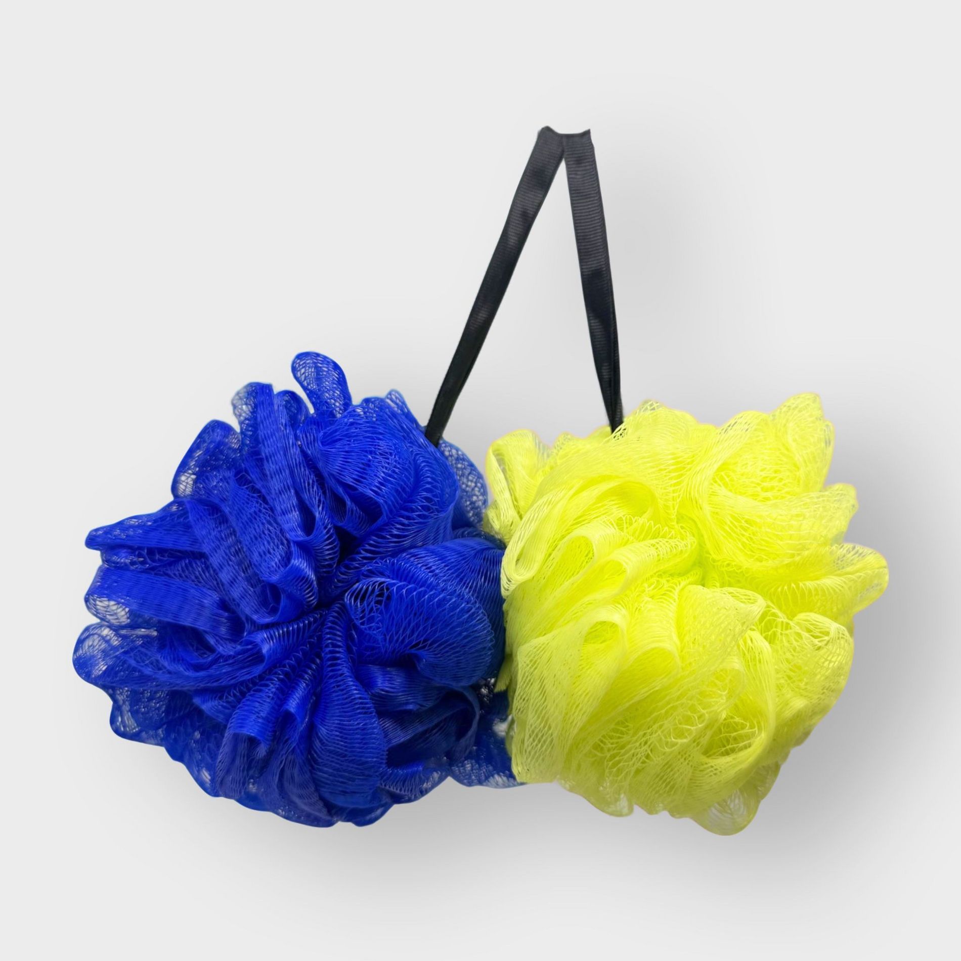 Spa Essentials 2 Pack Large Bath Loofahs - Extra Foaming Jumbo Shower Poufs Exfoliating Body Scrubber Mesh Sponges in Blue & Yellow