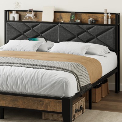 homfan Bed Frame, Upholstered Headborad with Storage and Charing Station, Tufted Design Bed Frame, Steel Slats Support, No Box Spring Needed