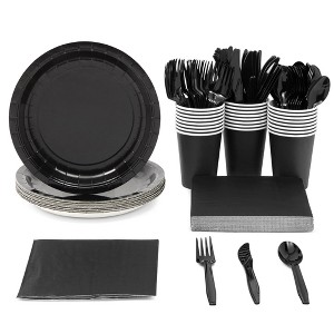 Juvale 144 Piece Black Party Supplies - Serves 24 Disposable Paper Plates, Napkins, Cups, Cutlery for Birthday, Graduation - 1 of 4