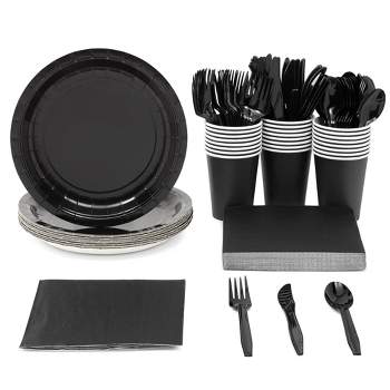Juvale 144 Piece Black Party Supplies - Serves 24 Disposable Paper Plates, Napkins, Cups, Cutlery for Birthday, Graduation